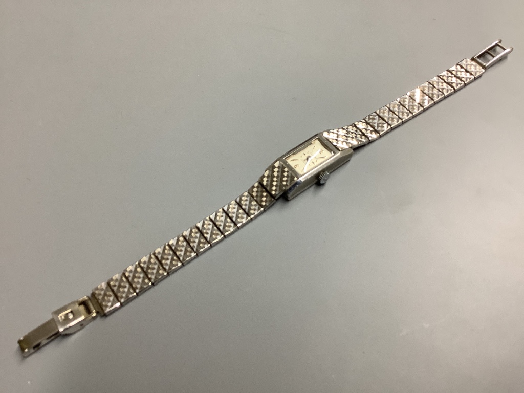 A lady's 1960's 9ct white gold Clear manual wind cocktail wrist watch, on a 9ct white gold bracelet, overall 17cm